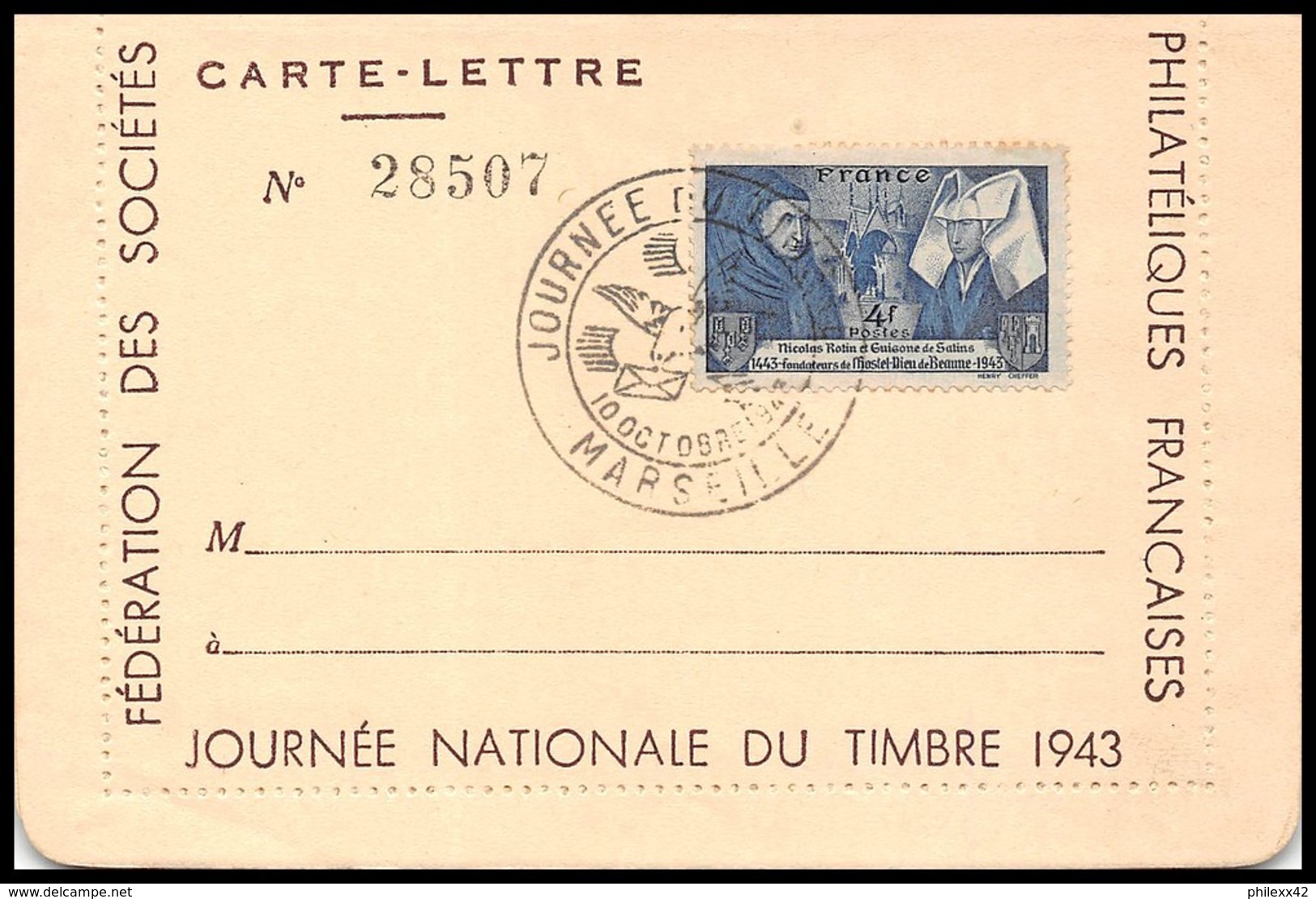 11008 Carte Lettre Bouches Du Rhone N°583 Marseille Journée Du Timbre 1943 FDC Premier Jour - ....-1949