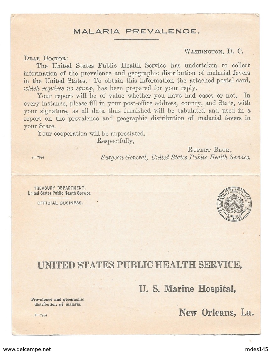 US 1918 Treasury Dept Message Paid Reply Penalty Card Public Health Malaria Prevalence - 1901-20