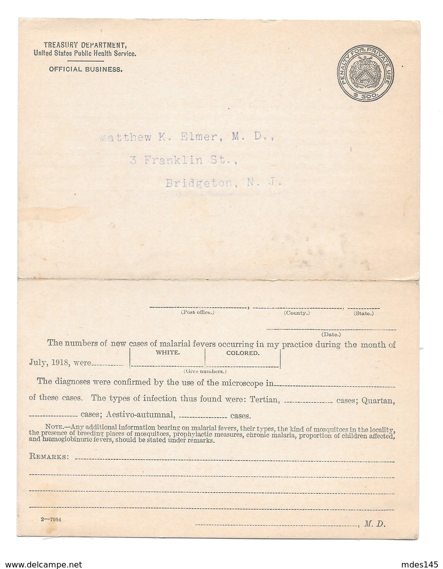 US 1918 Treasury Dept Message Paid Reply Penalty Card Public Health Malaria Prevalence - 1901-20