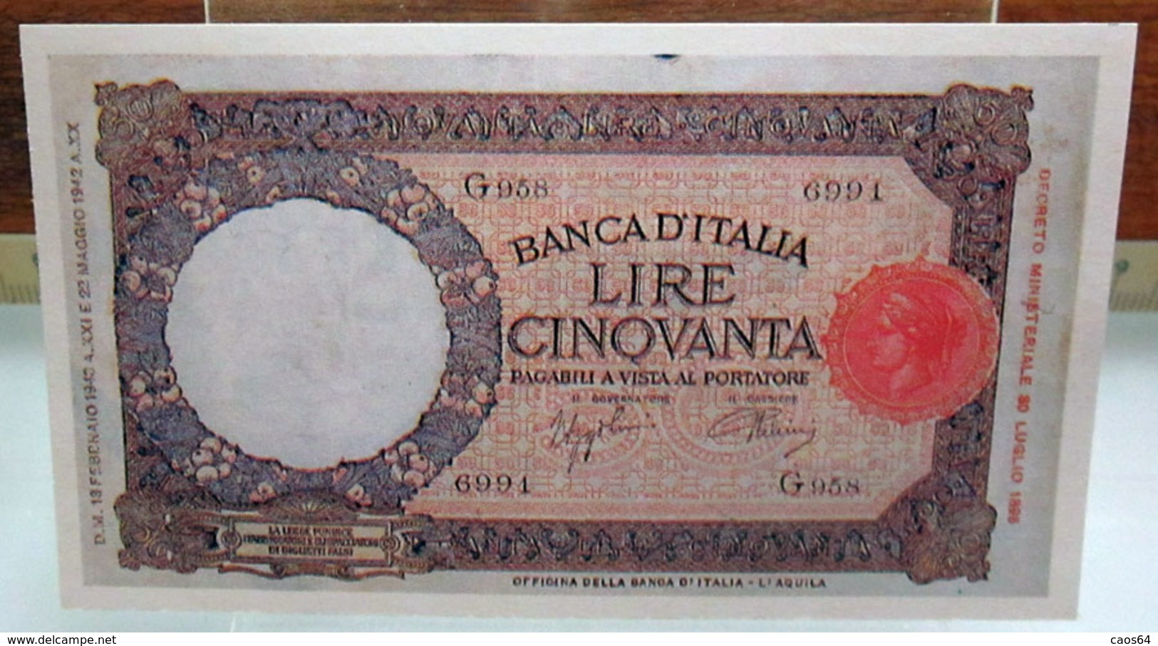 MINI BANCONOTA FAC-SIMILE LIRE CINQUANTA 1942 - Fictifs & Spécimens