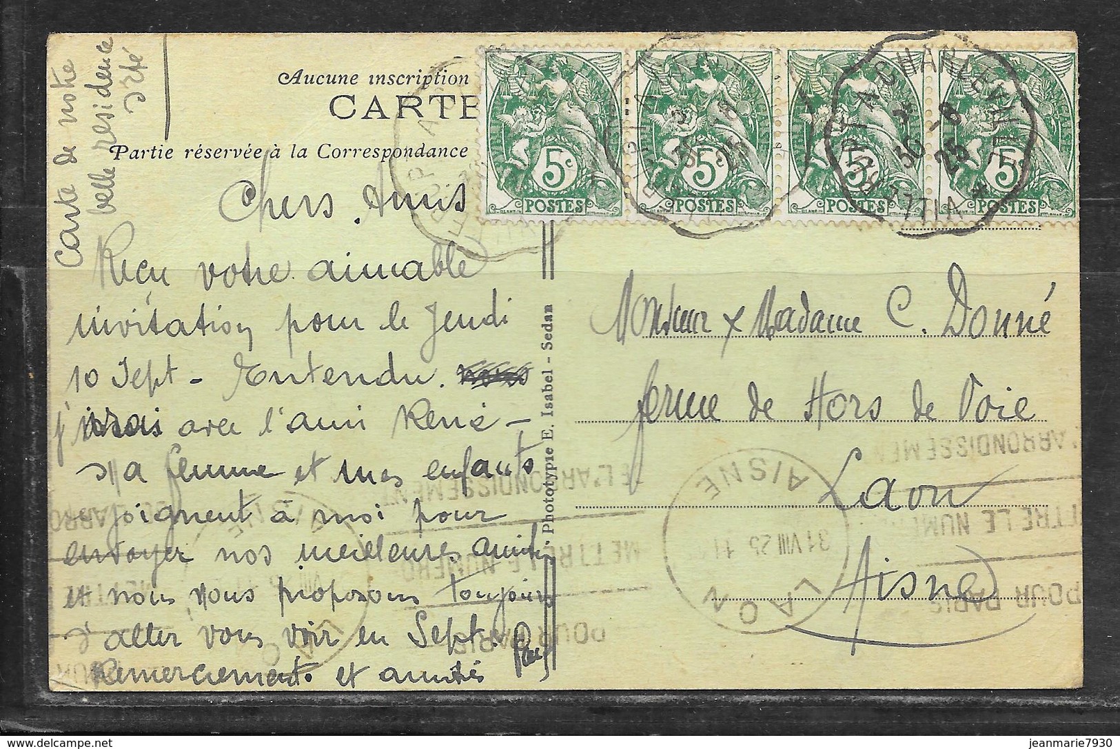 LOT 1812350 - N° 111 EN BANDE DE 4 OBLITERATION CONVOYEUR DE VILLERUPT A CHARLEVILLE DU 30/08/25 POUR LAON - 1921-1960: Modern Period