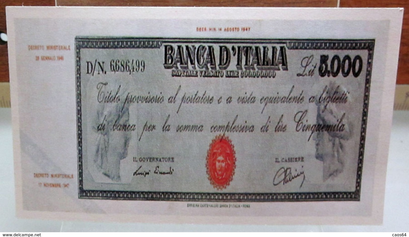 MINI BANCONOTA FAC-SIMILE LIRE 5.000 1945 - Ficción & Especímenes