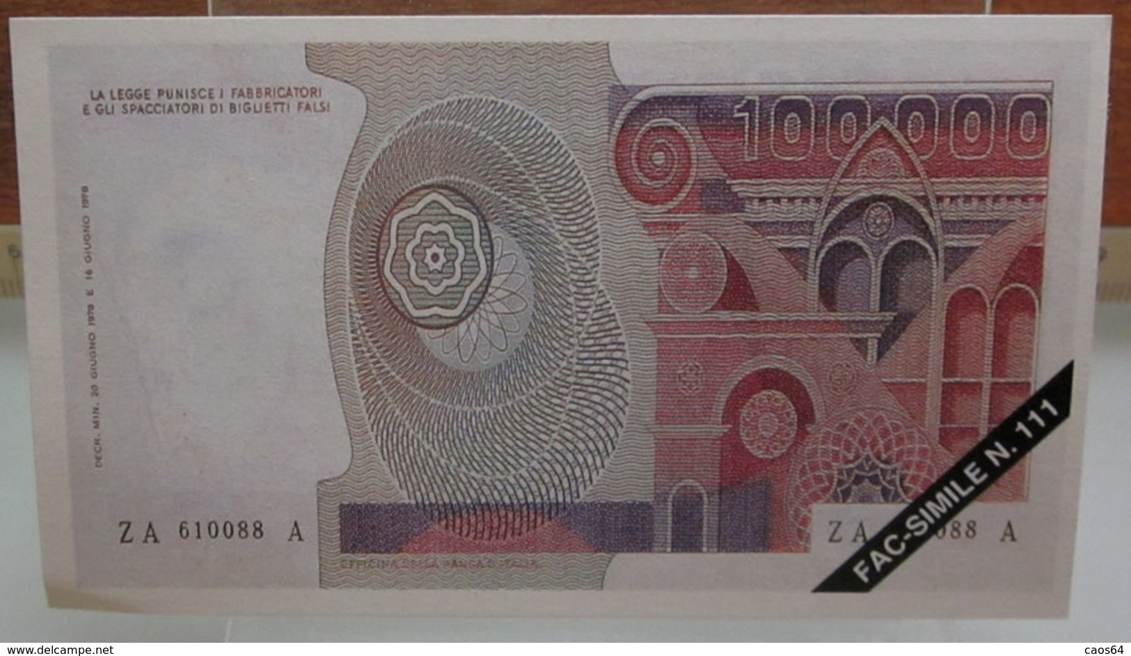 MINI BANCONOTA FAC-SIMILE 100.000 LIRE - Ficción & Especímenes