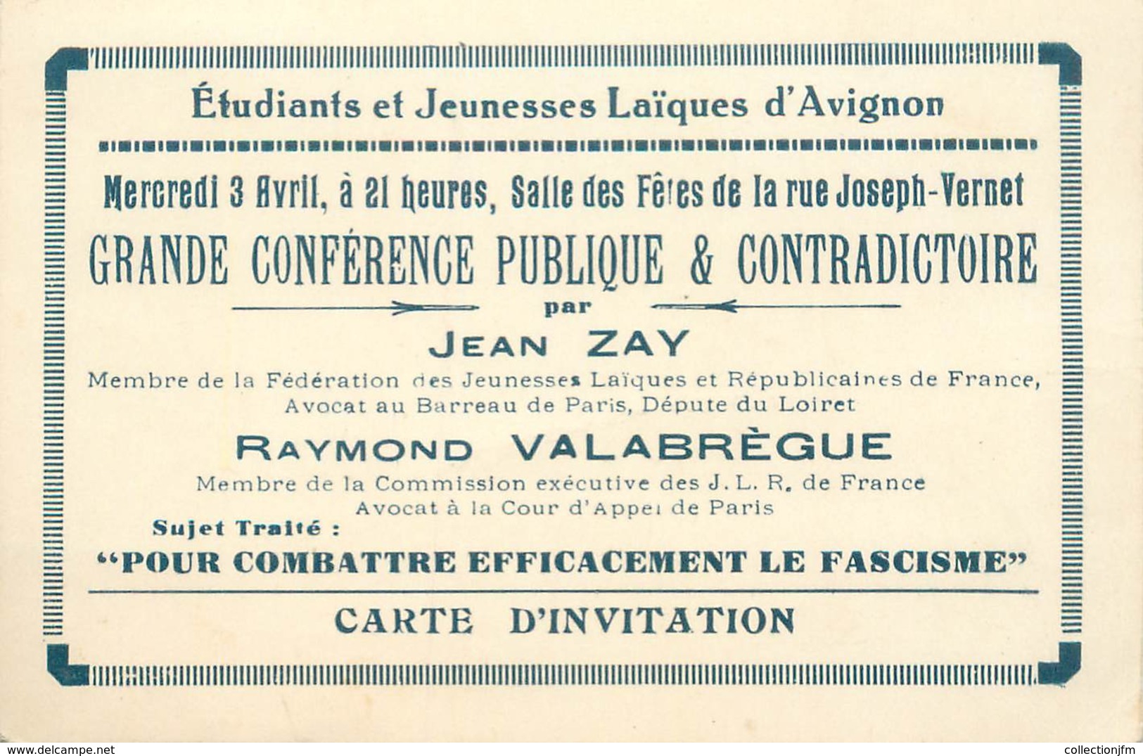 CPA / PETIT PAPIER FRANCE 84 "Avignon, Carton D'Invitation Jeunesse Laïque Contre Le Fascisme" / 2EME GUERRE - Avignon