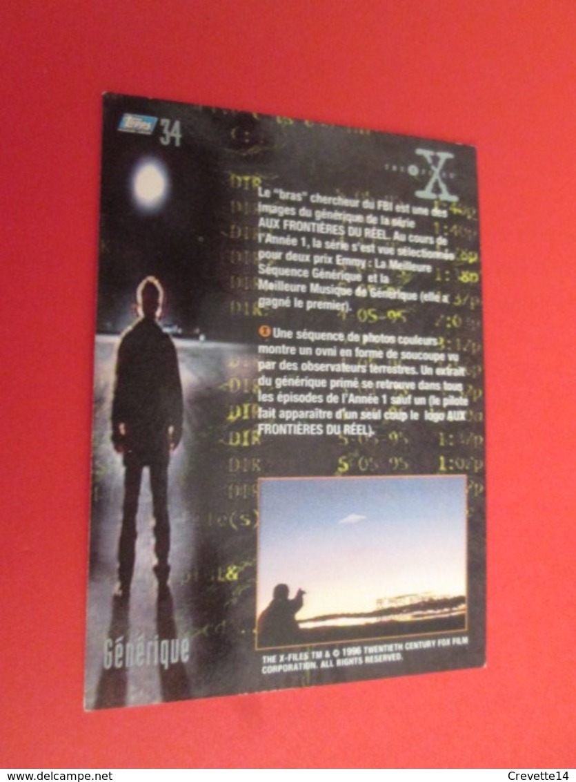 1-25  TRADING CARD TOPPS SERIE TELE X-FILES MULDER SCULLY : N°34 GENERIQUE - X-Files