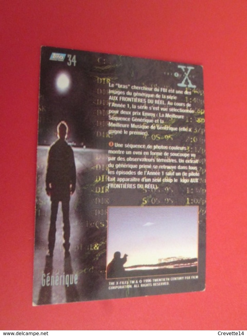 1-25  TRADING CARD TOPPS SERIE TELE X-FILES MULDER SCULLY : N°34 GENERIQUE - X-Files