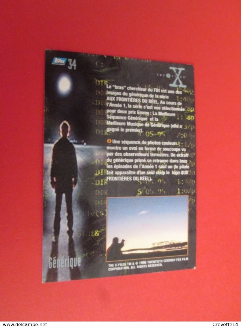 1-25  TRADING CARD TOPPS SERIE TELE X-FILES MULDER SCULLY : N°34 GENERIQUE - X-Files