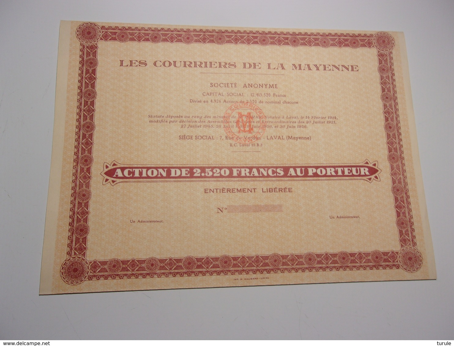LES COURRIERS DE LA MAYENNE (2520 Francs) LAVAL - Otros & Sin Clasificación