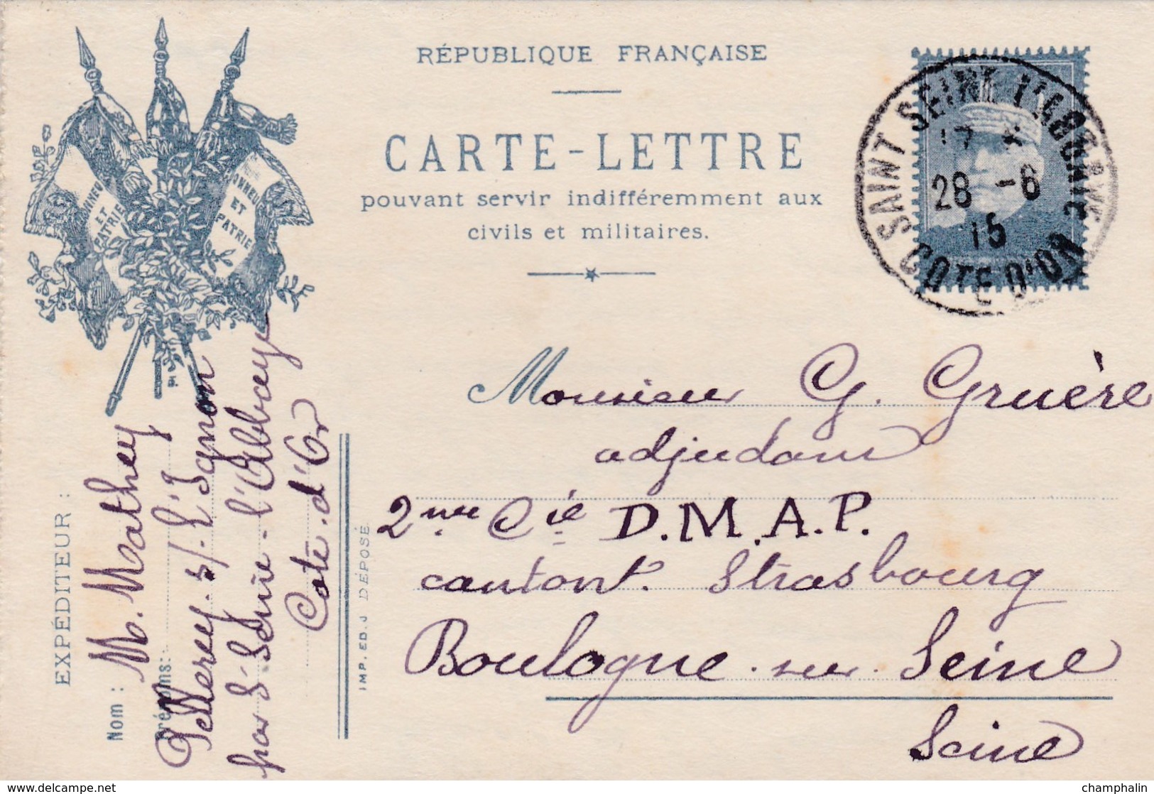 Carte-lettre - De Pellerey (21) Pour Boulogne-Billancourt (92) - 27 Juin 1915 - 2ème Cie DMAP - CAD St-Seine-l'Abbaye - Guerre De 1914-18