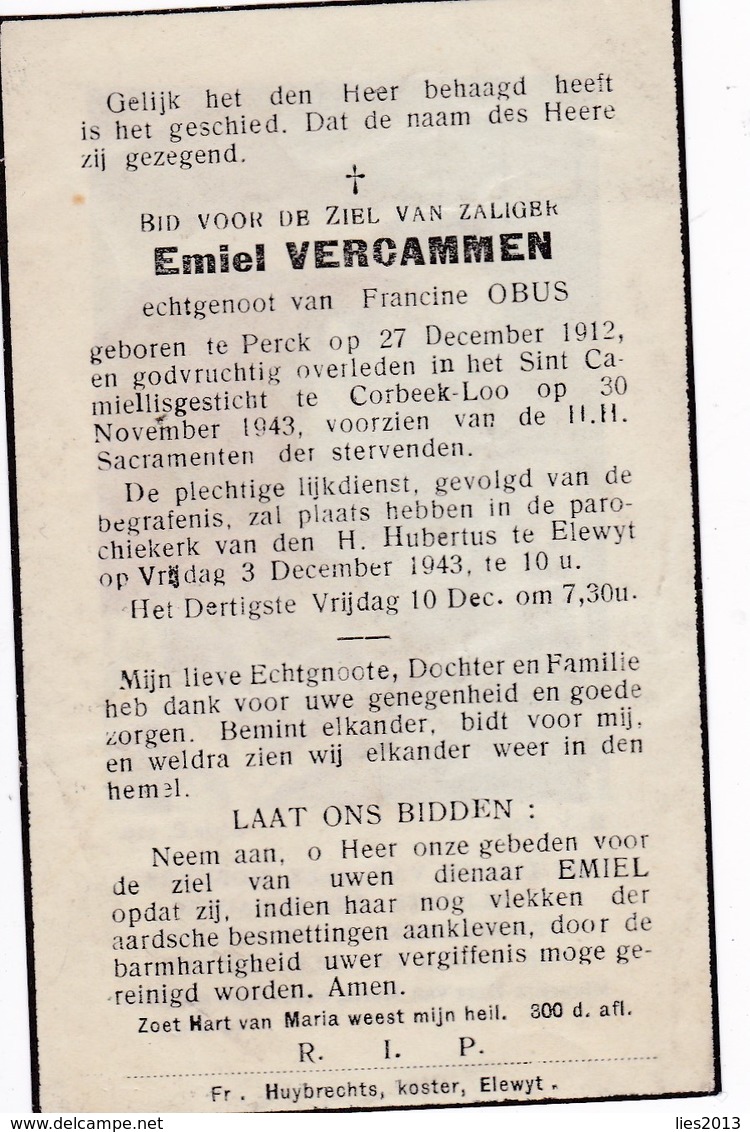 Perck, Perk, Korbeek-loo, Cobeek-Loo, 1943, Emiel Vercammen, Obus - Religion & Esotérisme