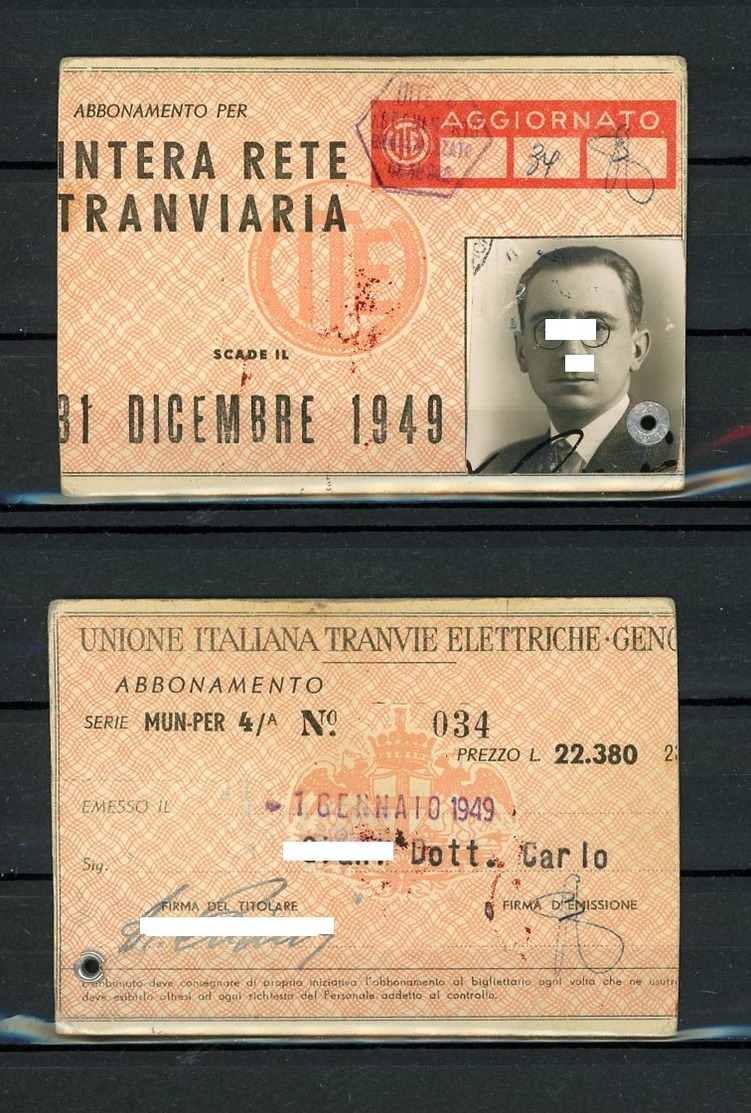 TESSERA ABBONAMENTO TRAMVIARIO GENOVA UITE 1949 (8/63) - Europe