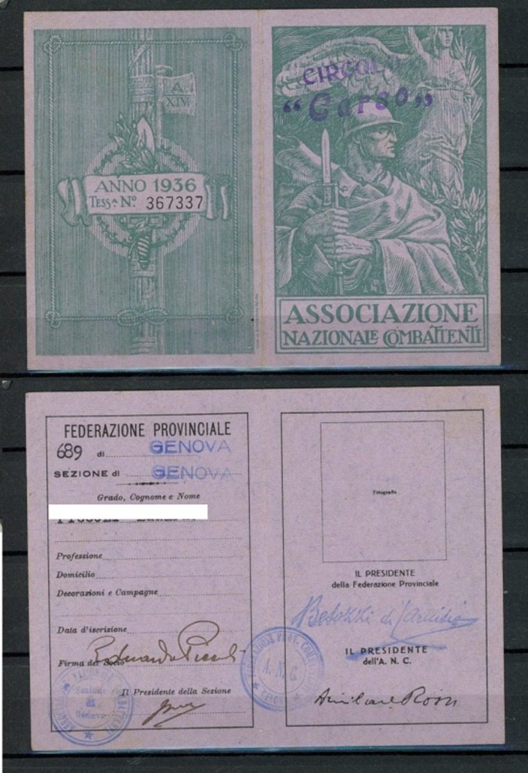 TESSERA ASSOCIAZIONE NAZIONALE COMBATTENTI 1936 (8/65) - Non Classés