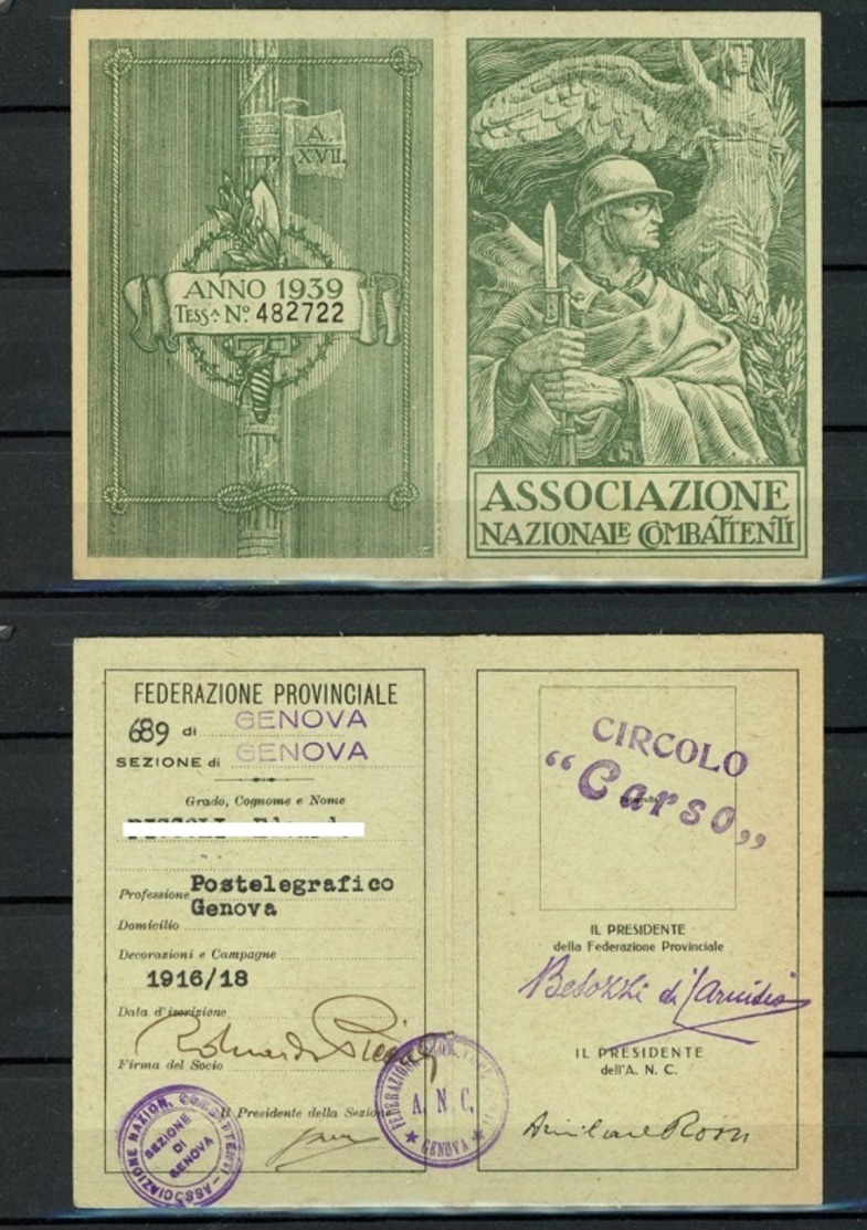 TESSERA ASSOCIAZIONE NAZIONALE COMBATTENTI 1939 (8/66) - Sin Clasificación