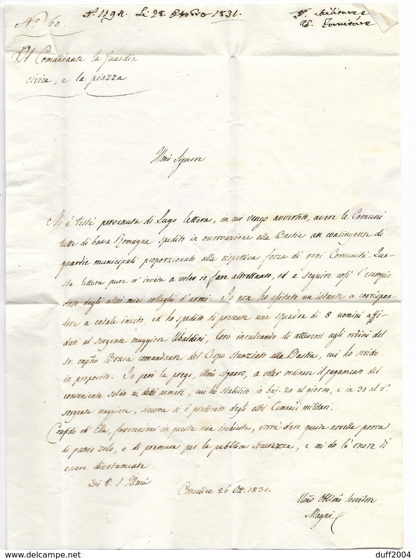 DA CONSELICE PER CITTA' - 26.10.1831 - RAGGRUPPAMENTO DI TRUPPE ALLA BASTIA - POST MOTI DEL '31, - 1. ...-1850 Prefilatelia