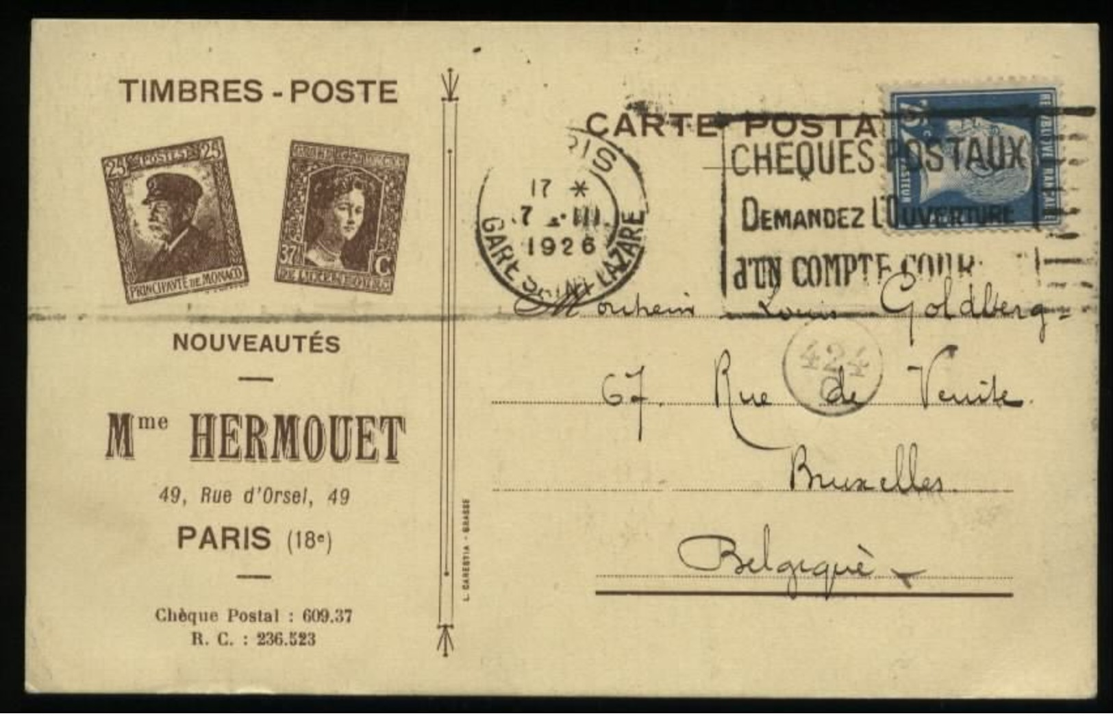 S3048 Frankreich Briefmarken Werbe Postkarte : Gebraucht Paris - Brüssel 1926, Bedarfserhaltung. - 1900-27 Merson