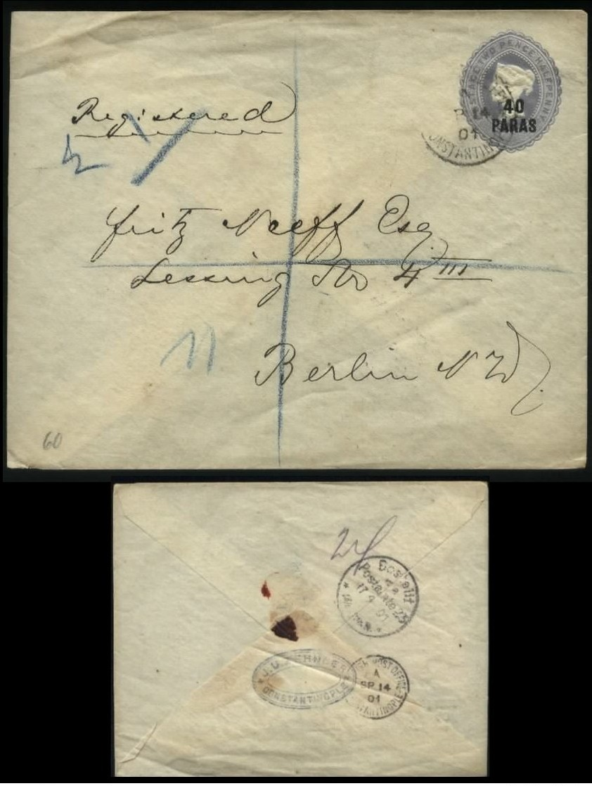 S1512 Britisches Postamt Türkei, GS Umschlag : Gebraucht Constantinopel - Berlin 1901 , Bedarfserhaltung. - Levant Britannique