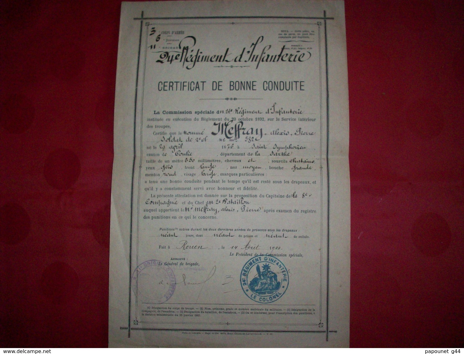 Diplôme 1900 Certificat De Bonne Conduite ( 24ème Régiment D'Infanterie ) - Diplômes & Bulletins Scolaires