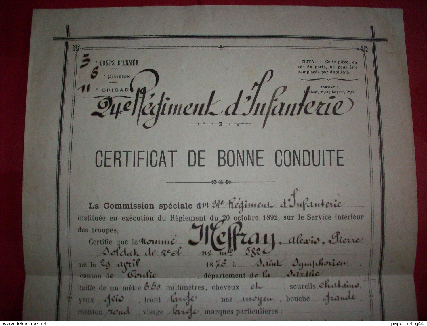 Diplôme 1900 Certificat De Bonne Conduite ( 24ème Régiment D'Infanterie ) - Diplômes & Bulletins Scolaires