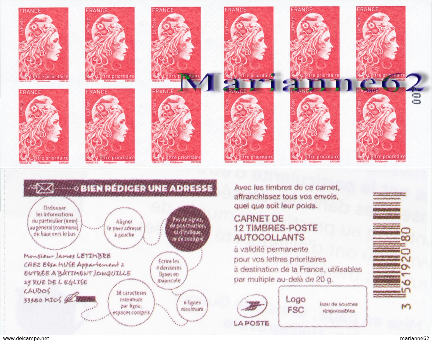 France 2018 Carnet Marianne L'engagée Tarif PRIO " SNA - Service National De L'Adresse " - MNH Neuf - Autres & Non Classés