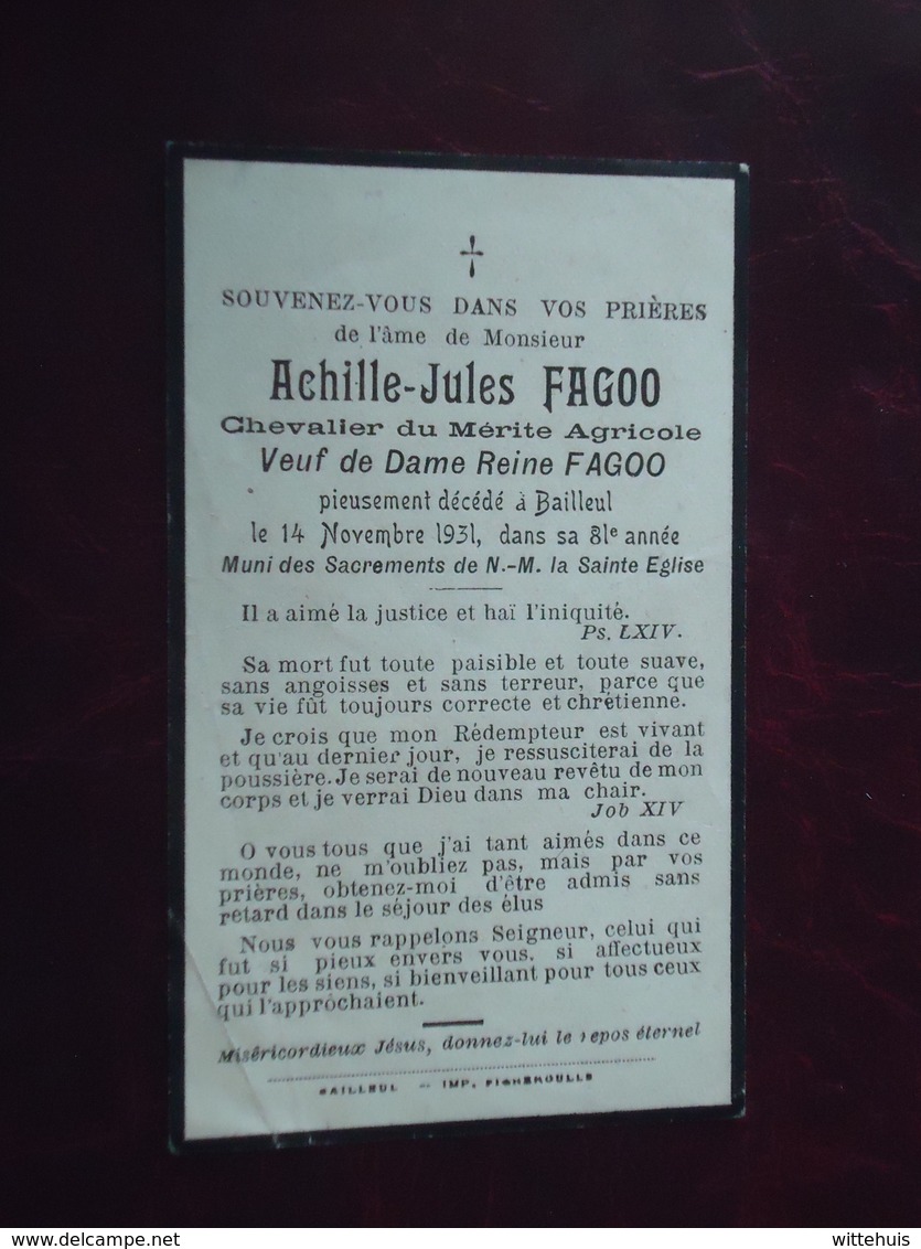 Achille Fagoo  Décédé à Bailleul  1931  (2scans) - Religion & Esotérisme