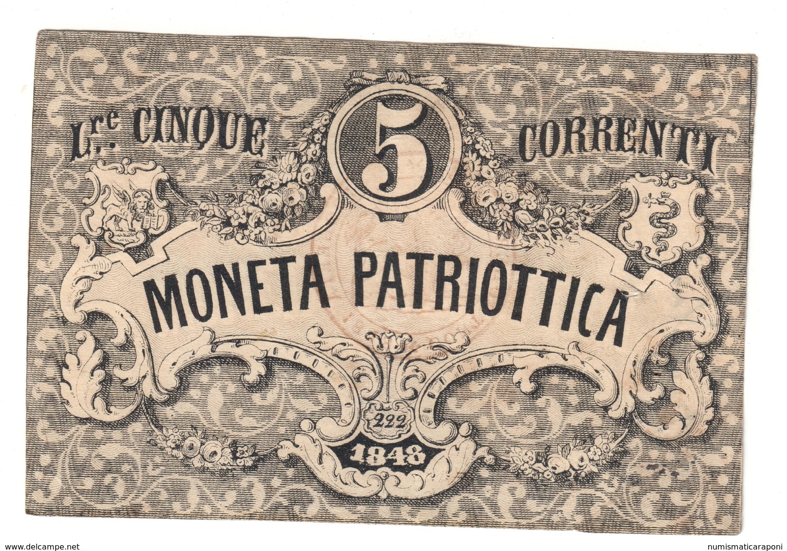 Venezia 5 Lire Moneta Patriottica 1848 Firma Barzilai  LOTTO 2244 - [ 4] Provisional Issues