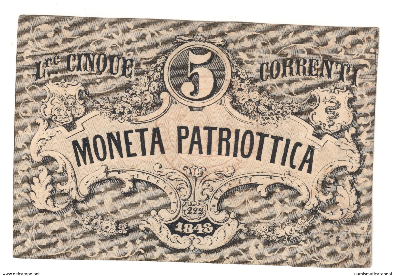 Venezia 5 Lire Moneta Patriottica 1848 Firma Barzilai  LOTTO 2244 - [ 4] Voorlopige Uitgaven