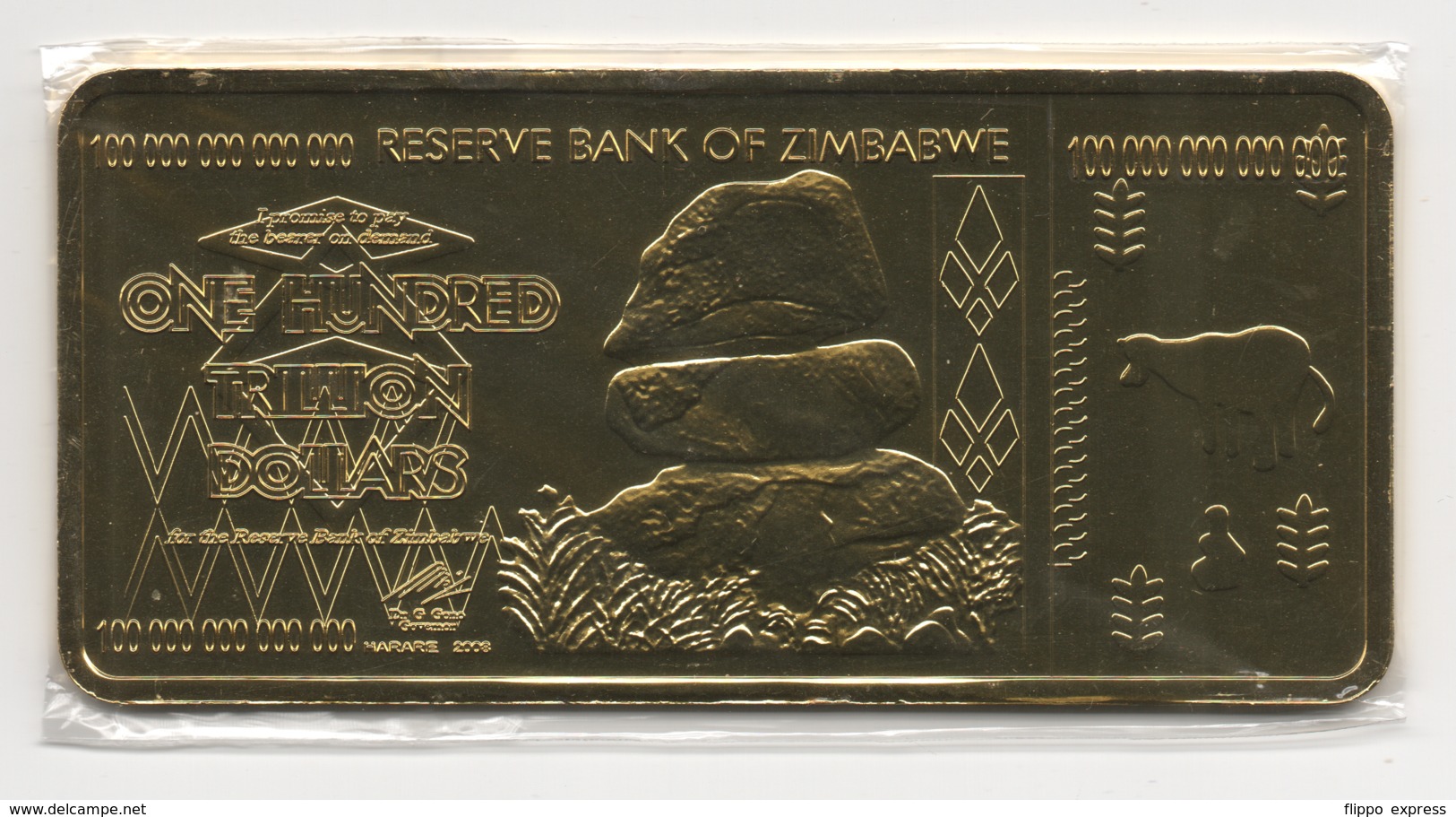 Zimbabwe 100 Trillion Dollars 24K Gold-Plated Bullion Bar - Zimbabwe