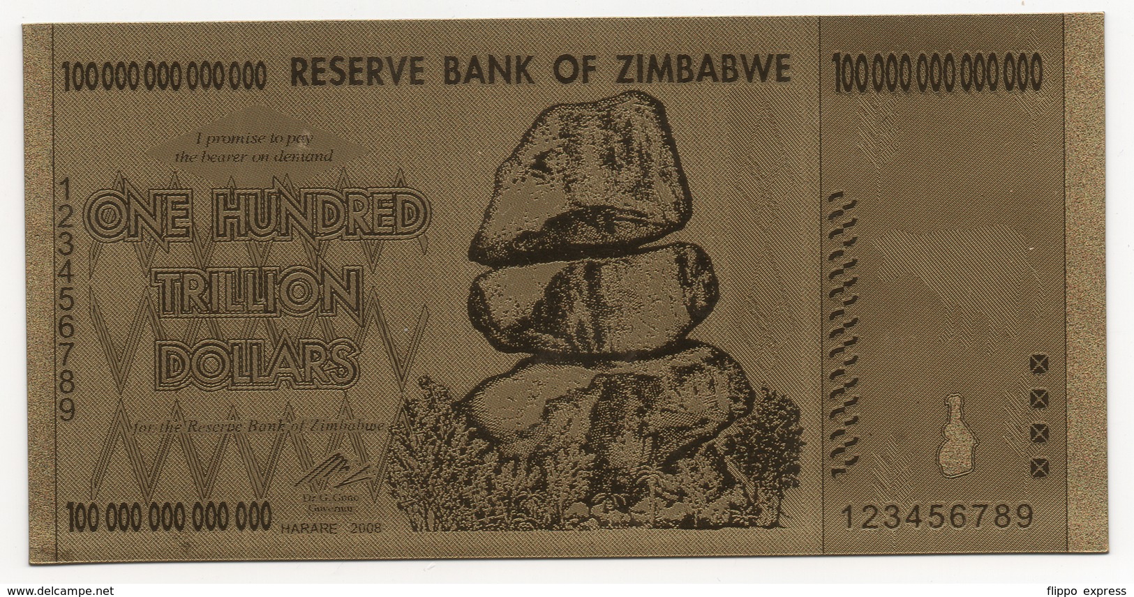 Zimbabwe, 100 Trillion Dollars, 24K Gold-Plated Banknote. - Zimbabwe