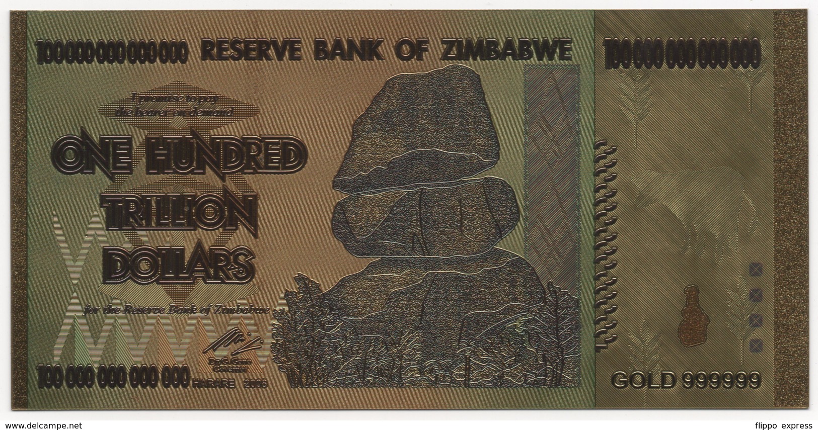 Zimbabwe, 100 Trillion Dollars, 24K Gold-Plated, Colored Banknote - Zimbabwe