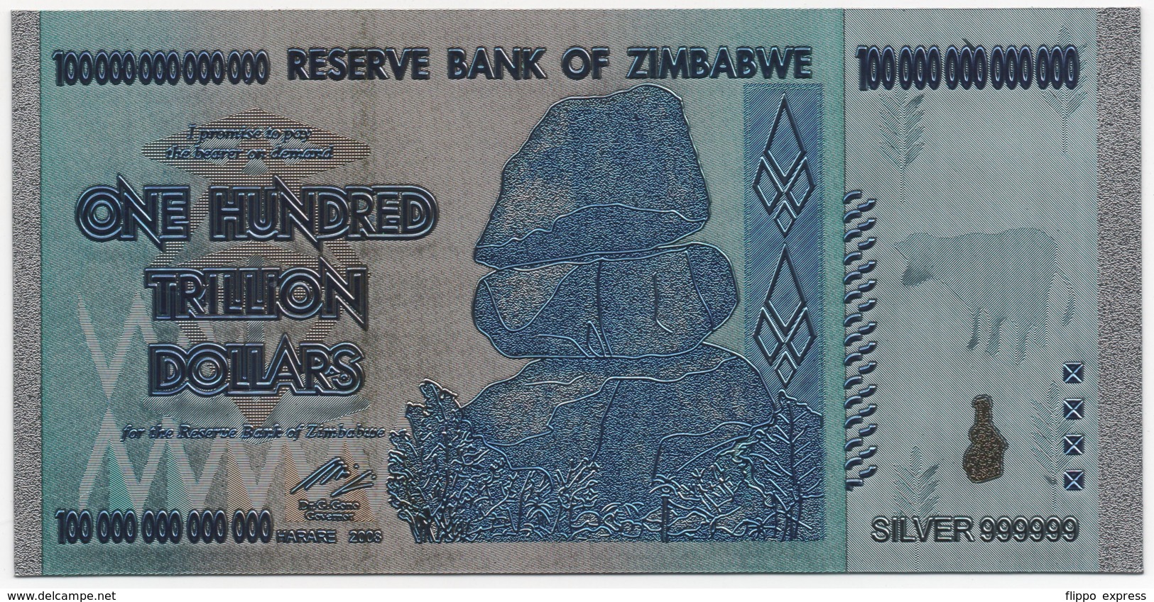 Zimbabwe, 100 Trillion Dollars, Silver-Plated, Colored Banknote - Zimbabwe