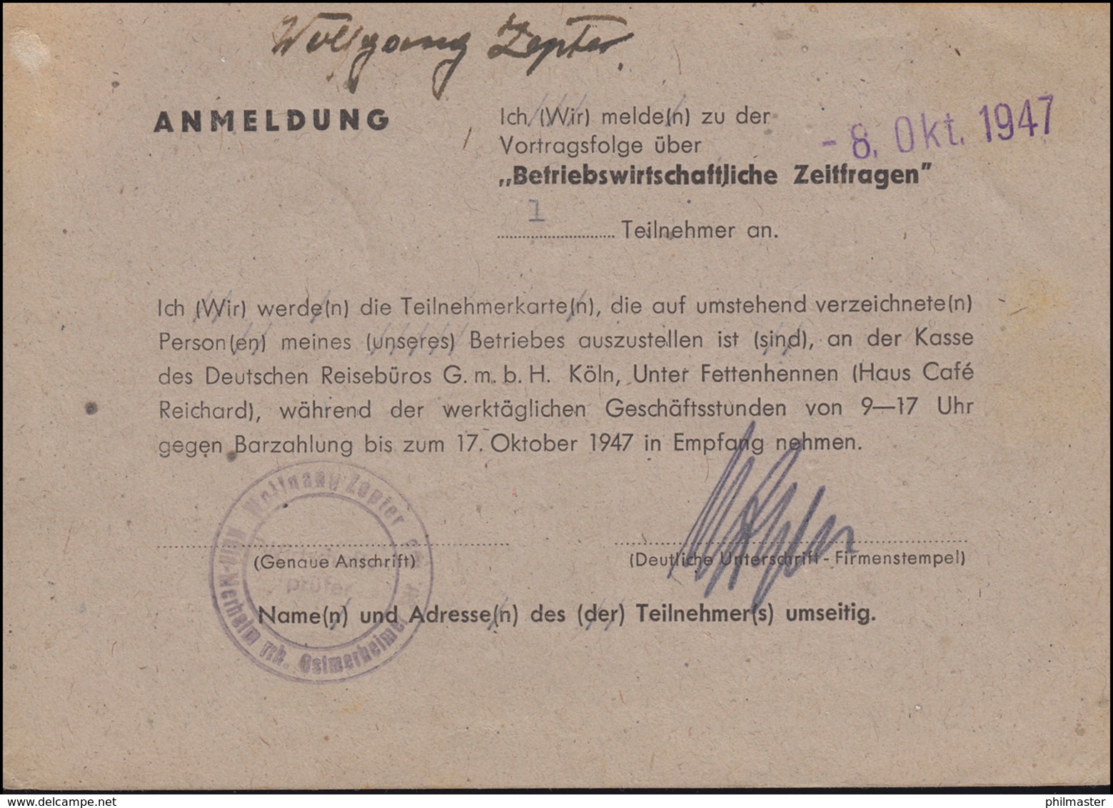 918 Ziffer 10 Pf. EF Auf Orts-Postkarte KÖLN-MERHEIM RECHTSRHEINISCH B 7.10.47 - Sonstige & Ohne Zuordnung