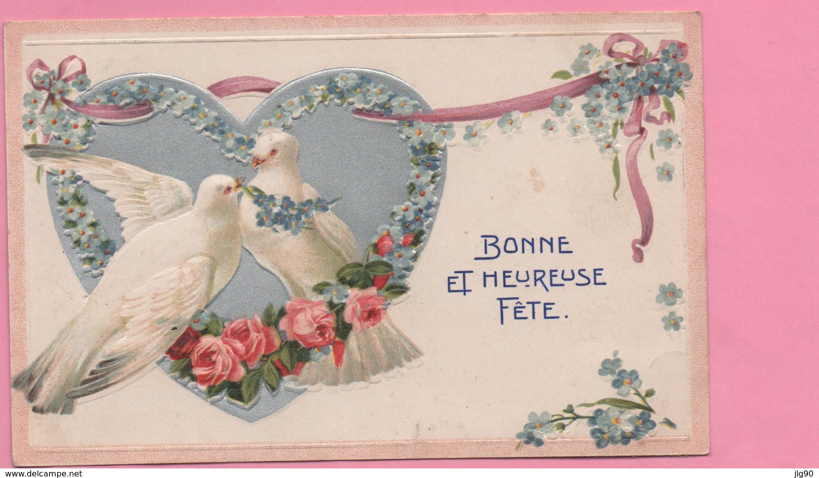 CPA Gauffrée "Bonne Et Heureuse Fête" Colombes Dans Un Coeur, 1910 Pour Désandans (25) - Autres & Non Classés