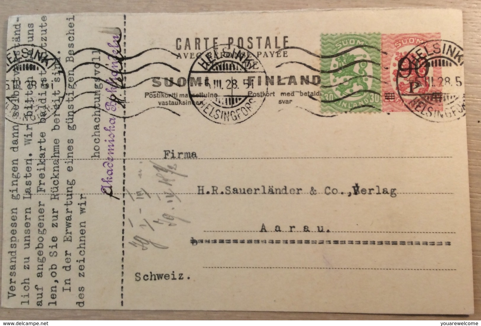 Finland Postal Stationery Card HELSINKI 1928> Schweiz (entier Postal Cover Lettre Ganzsache Brief Suomi Finnland - Interi Postali