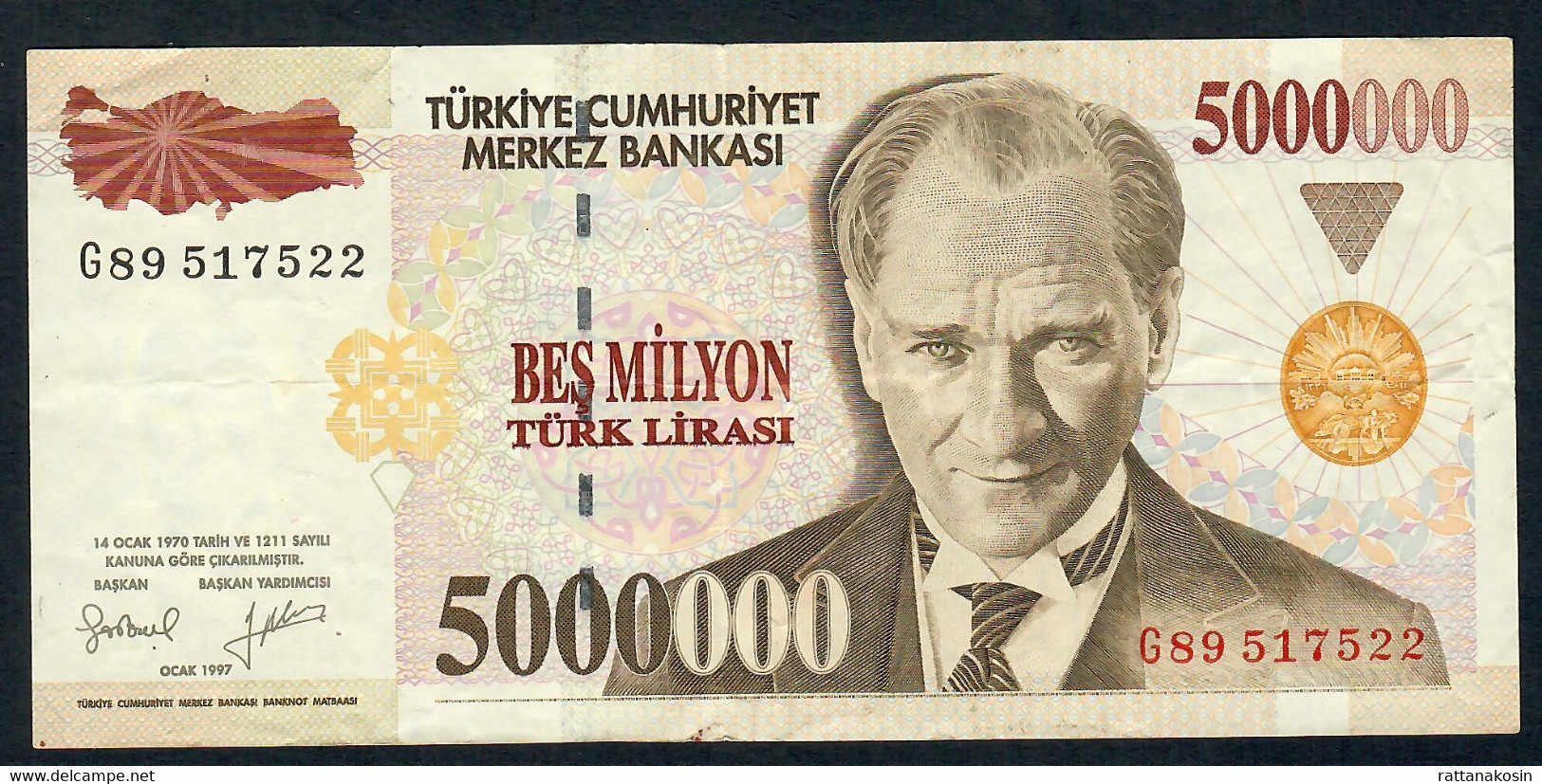 TURKEY P210 5.000.000 LIRA L.1970  #G89   VF  NO P.h. - Turquie