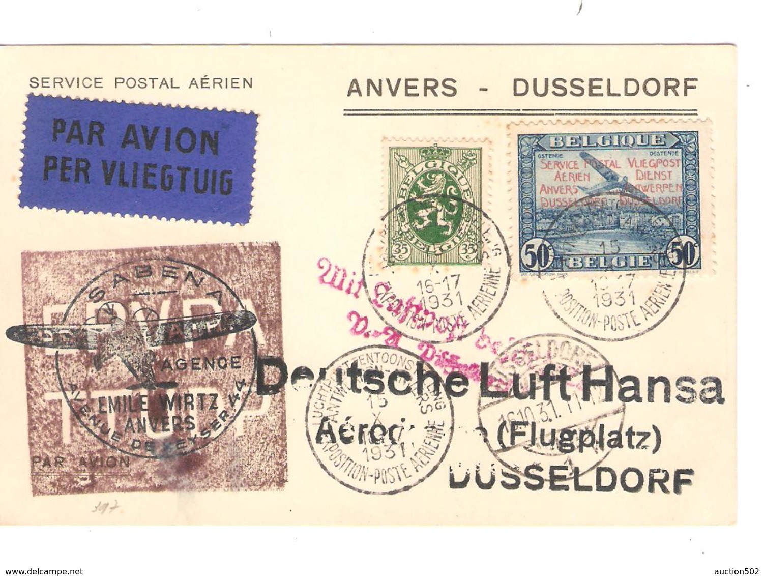 PR7077/ TP 283 + PR34 S/CP Avion Anvers - Londres C.Antwerpen Luchtpost 1931 V.Dusseldorf - Covers & Documents