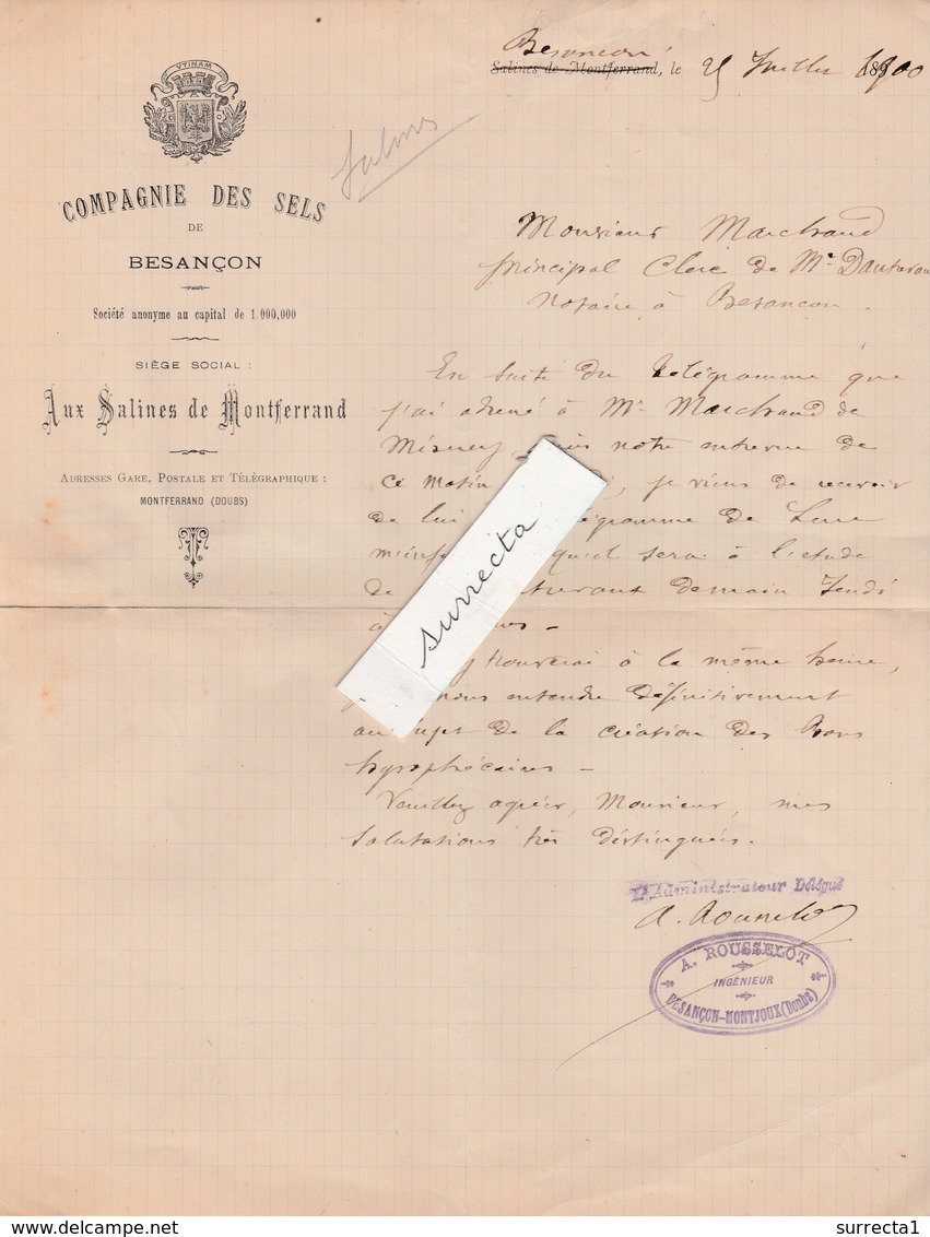 Courrier 1900 / Compagnie Des Sels Besançon / Salines De Montferrand / 25 Doubs - 1900 – 1949