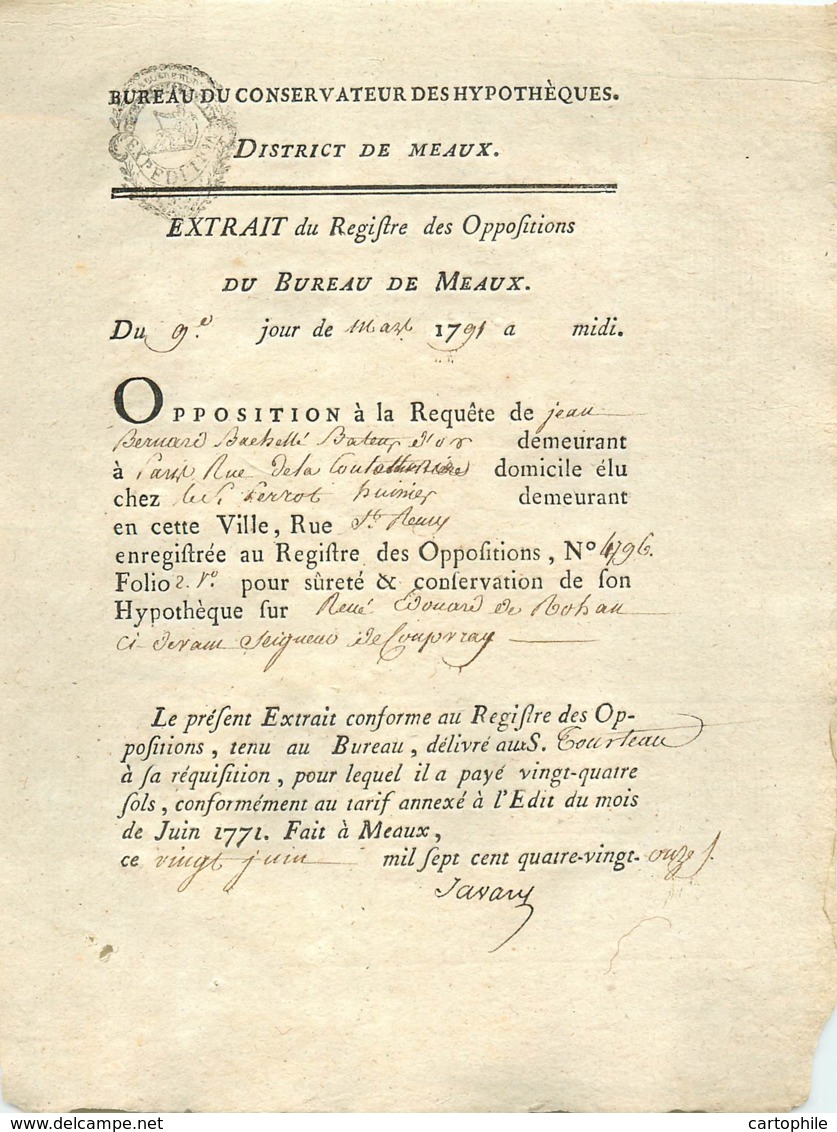 Acte De 1791 Opposition De Jean Bernard Bachelet, Batteur D'or, Contre Prince Louis René Edouard De Rohan Cardinal - Manuskripte