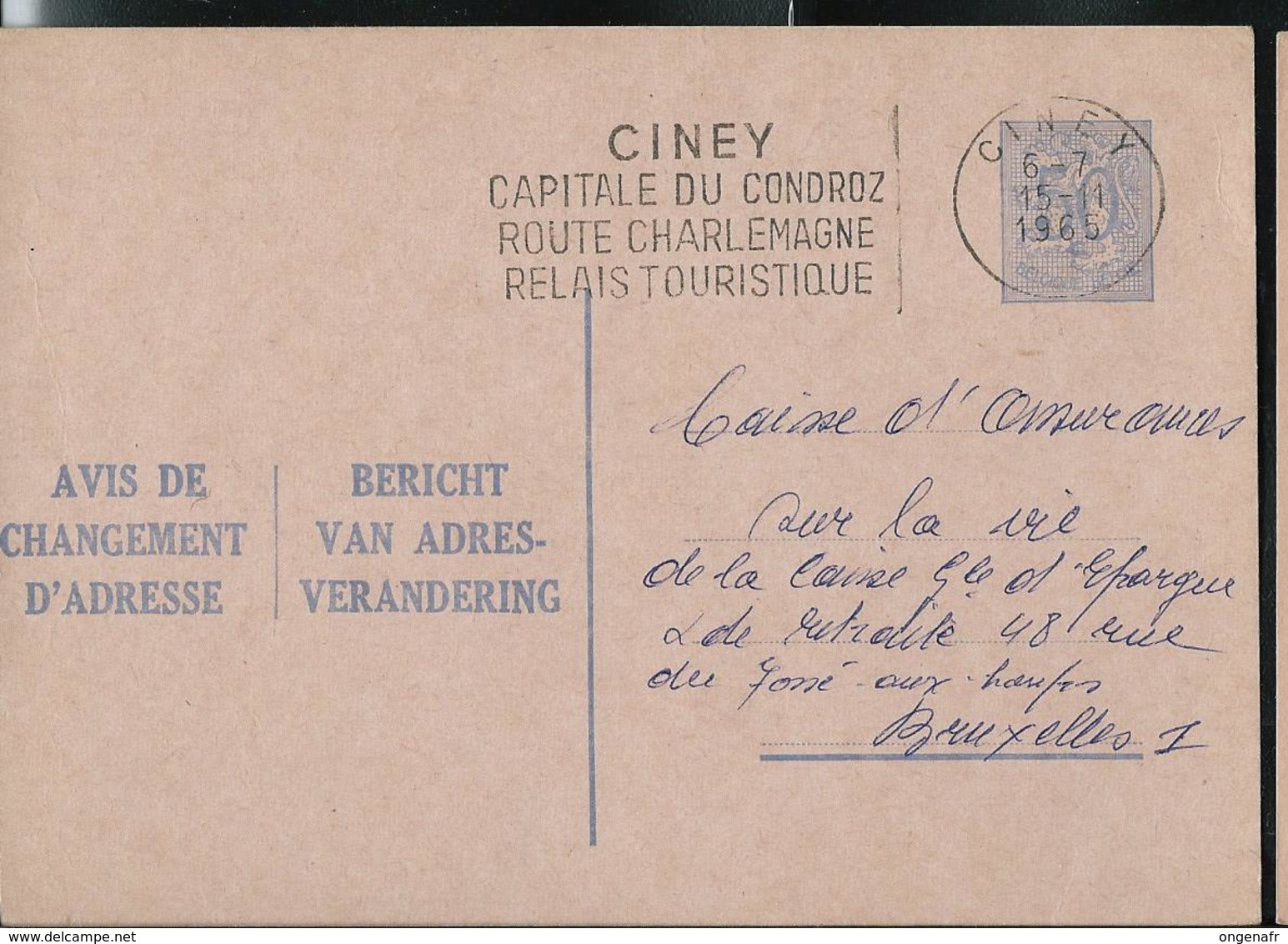 Doc. De  CINEY Capitale Du Condroz  1965  Sur Chgt D'adresse - Targhette