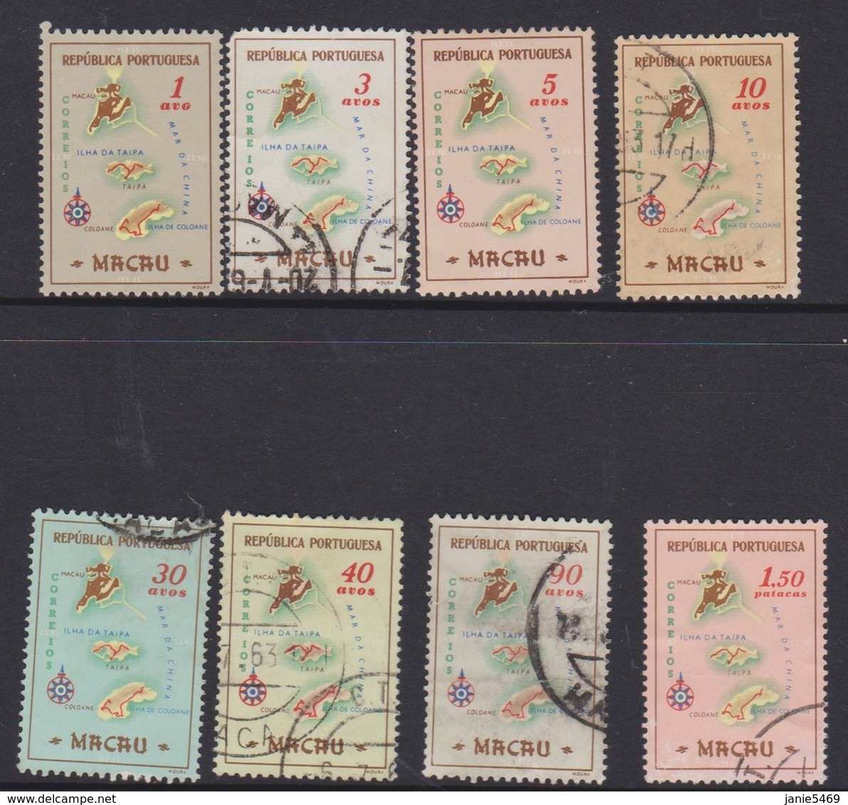 Macau Scott 383-390 1956 Map, Used Set - Used Stamps