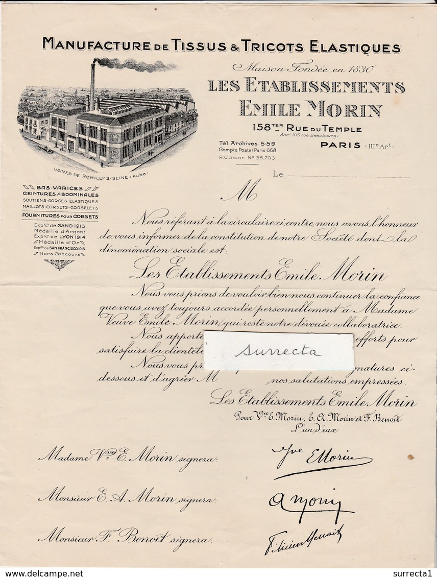 Facture Ets Emile MORIN / Manufacture Tissus Tricots élastiques / Bas Corsets / 75 Paris / Usine à Romilly 10 - 1900 – 1949