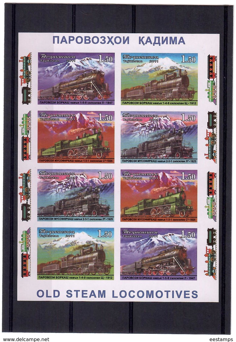 Tajikistan.2011 Old Steam Locomotives. Imperf Sheetlet Of 8 (2x4). Michel # 573-76b KB - Tajikistan