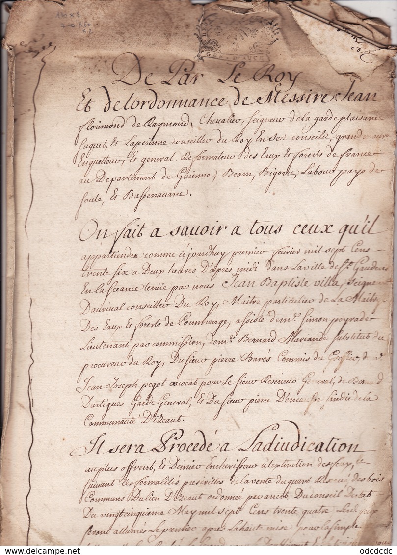 Gen D'Auch 1er Fev 1736 Cahier Des Charges Vente Du Quart En Reserve Du Bois D'Izaut Eaux Et Forets St Gaudens (8 Scans - Seals Of Generality