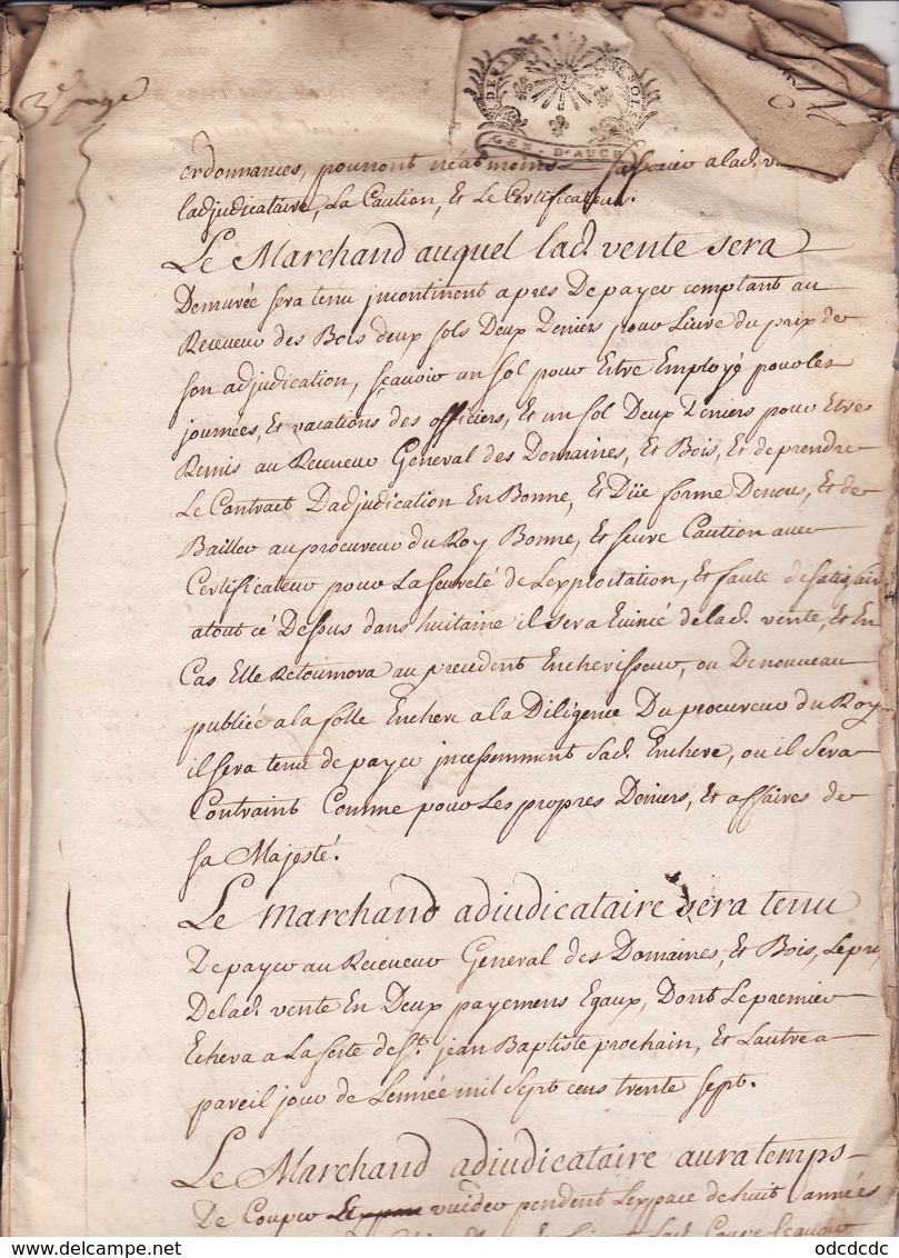 Gen D'Auch 1er Fev 1736 Cahier Des Charges Vente Du Quart En Reserve Du Bois D'Izaut Eaux Et Forets St Gaudens (8 Scans - Seals Of Generality