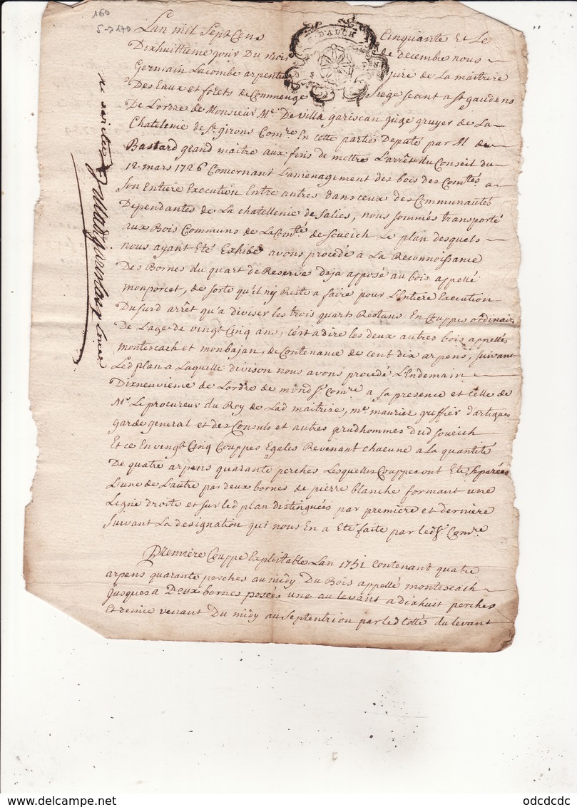 Gen D'Auch 18 Octobre 1750 Procès Verbal De Division Des Coupes Des Bois Communs De Soueich Eaux Et Forets (3 Scans) - Seals Of Generality