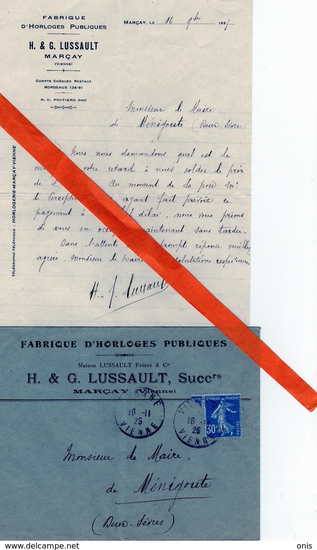 Marçay (86)  LUSSAULT ,horloger:6 Documents Dont 1 Prospectus Et Le Devis De L'horloge De Menigoute ,plus 1 Reçu Du Curé - 1900 – 1949