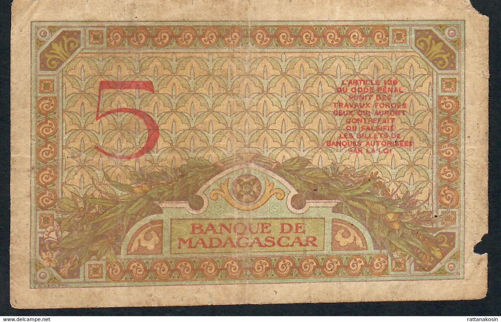 MADAGASCAR P35b 5 FRANCS  1937   Signature 2  VG - Madagaskar