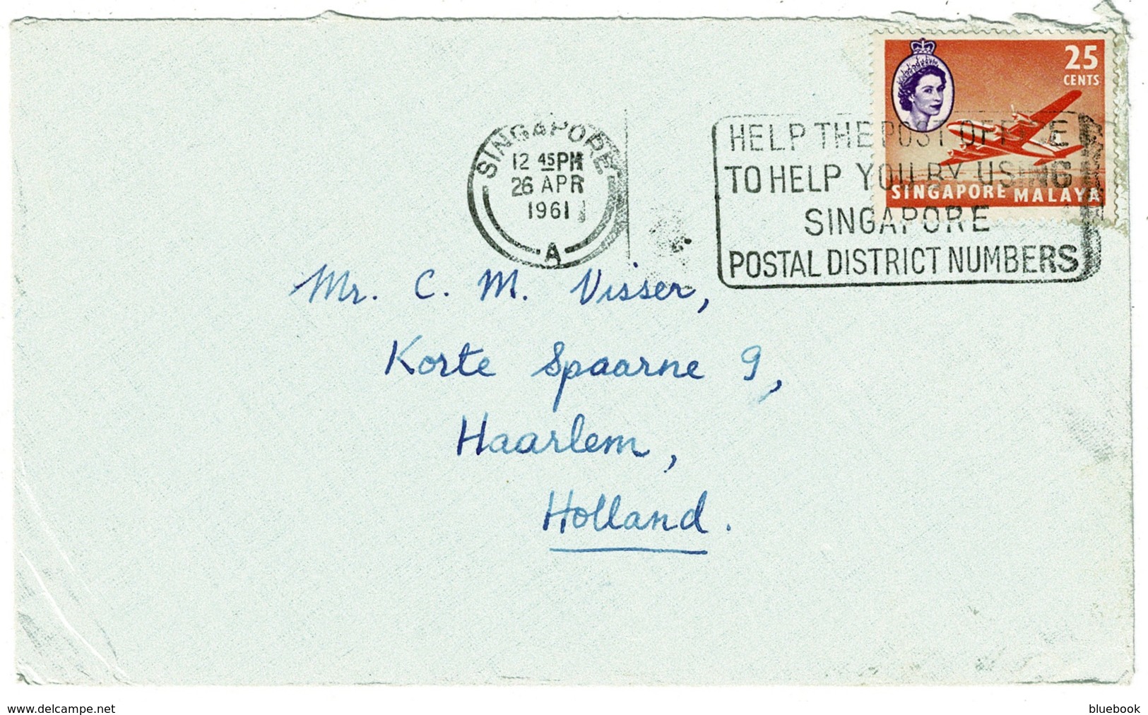 Ref 1256 - 1961 Singapore Cover - 25c Rate To Holland - Good Postal Slogan - Singapore (1959-...)