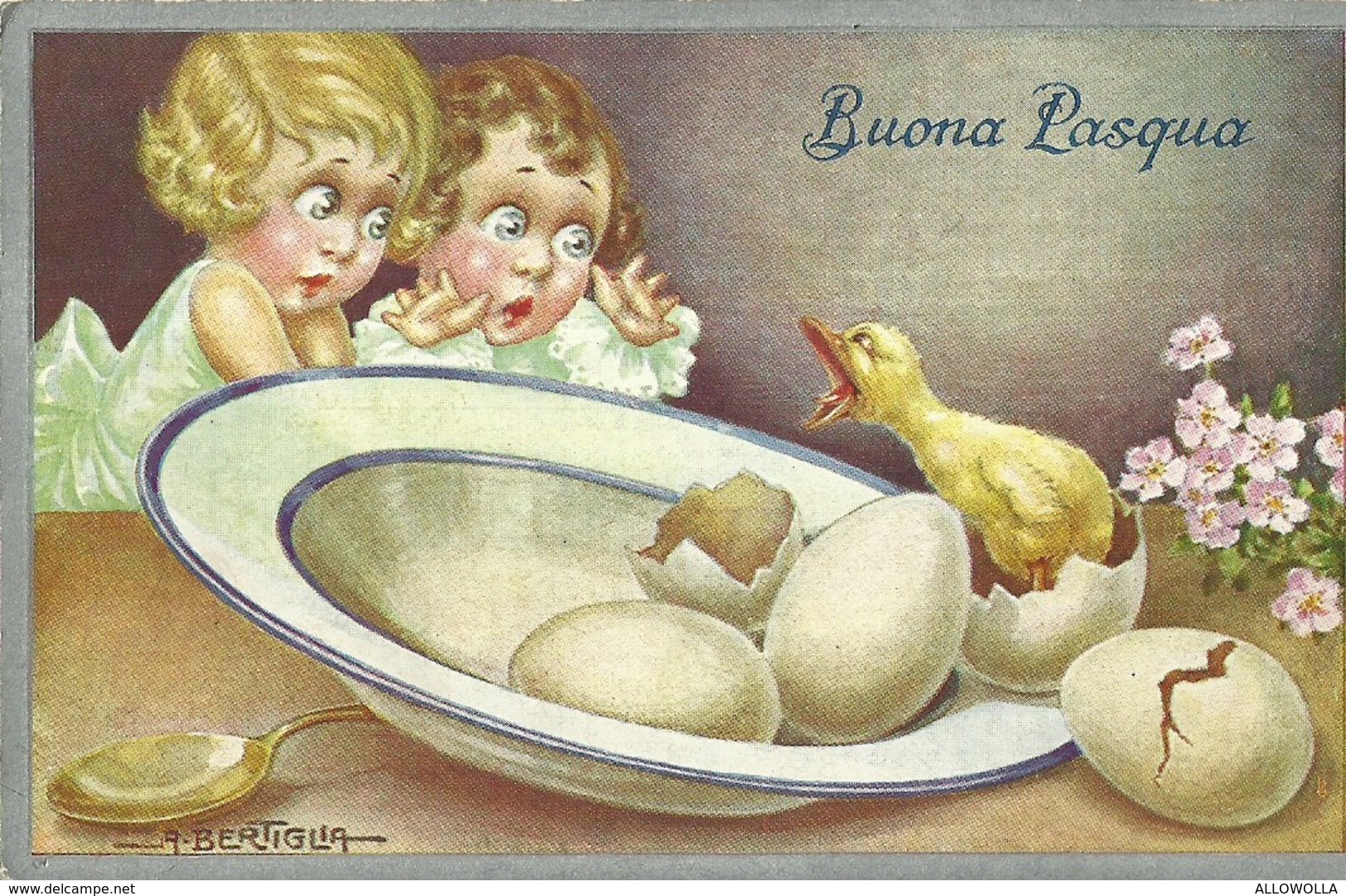 2121 " BUONA PASQUA-BAMBINI STRALUNATI PER IL PULCINO ARRABBIATO-ILLUSTRAZ. DI BERTIGLIA"  CART.POST.  ORIG. NON SPEDITA - Pasqua