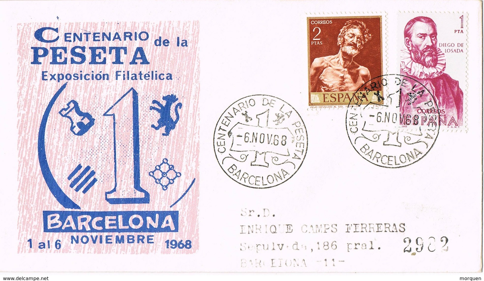 30992. Carta Certificada BARCELONA 1968. Centenario De La Peseta - Cartas & Documentos