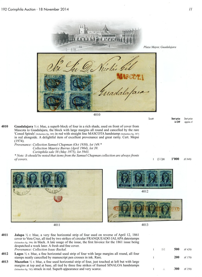 MEXICO The First Issues 1856 - 1861 Peter Broenimann Collection - Gebundener Luxuskatalog 192. CORINPHILA Auktion 2014 - Catalogues De Maisons De Vente